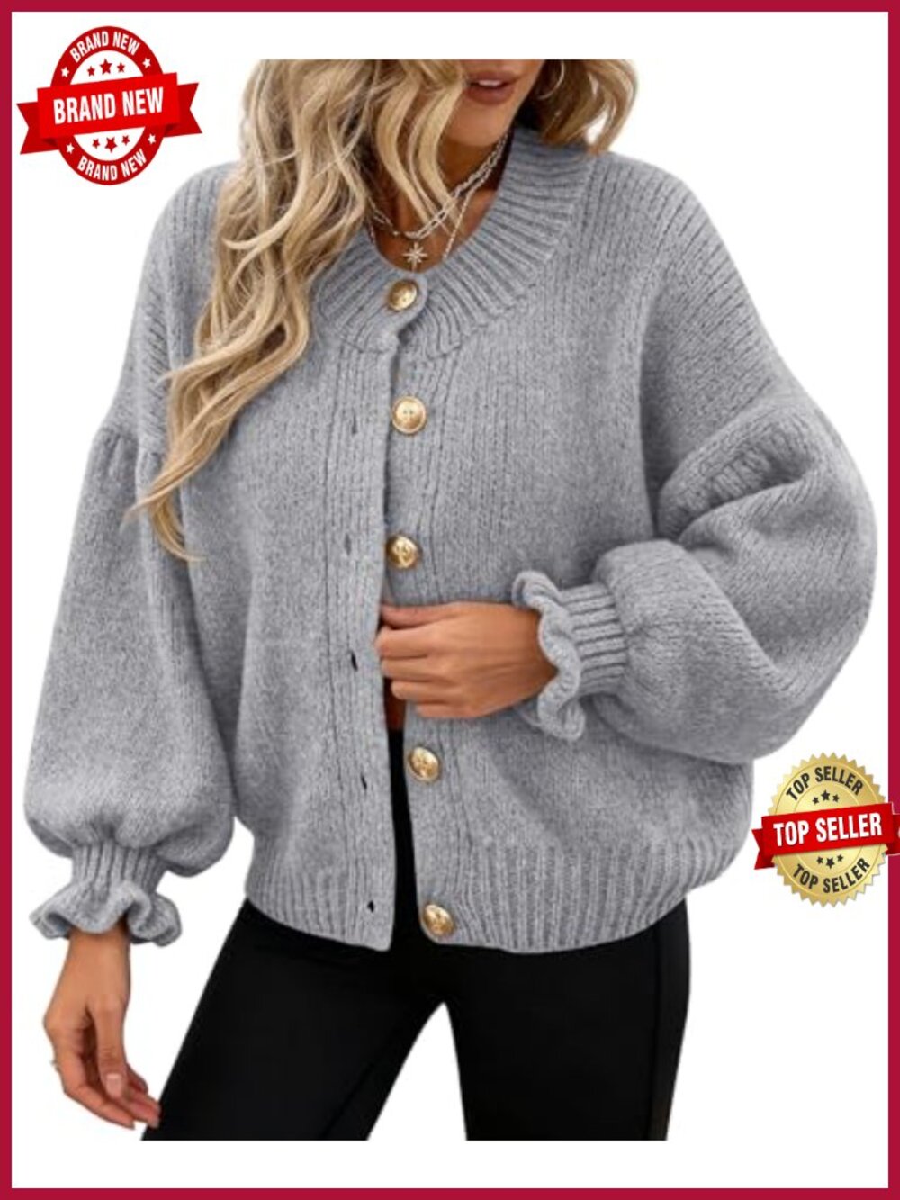 Womens Long Sleeve Chunky Knit Button Cardigan Sweater Ruffle Sleeve